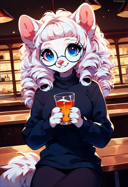 (score_9,score_8_up,score_7_up), source_furry, ((Evelyn)), ((solo:1.4)), 23 year old, 1girl, anthropomorphic dog girl, pomeranian dog girl,  white fur, dog ears, dog tail,  cute, long curly poofy hair, white hair,  ice blue eyes,  ((wearing, black sweater,  black skirt,  big round glasses)),  (perfect face, perfect eyes, highly detailed, perfect anatomy, incredible attention to detail, masterpiece, 32K HD, volumetric shadows, absurdres, Expressiveh), (((in a detailed bar, pub, smiling, dynamic pose, cute)))
