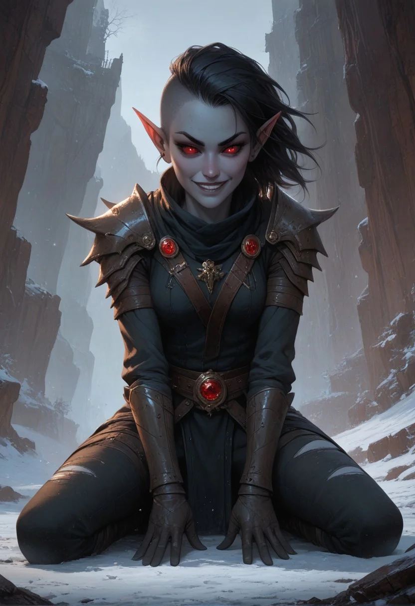 (absurdres, best quality, masterpiece:1.4), score_9, score_8_up, score_7_up, score_6_up, detailed, detailed body, detailed face, fantasy,
alone, (female, ashen grey skin, medium breasts, (red sclera eye, red sclera eye style, red eyes, no pupils, no sclera), thin black eyebrows, pointy ears, long ears, (black hair, sidecut hair), athletic build, slim, pointed chin, gaunt cheeks), smirk,
(torn dark blue robe, leather gloves, leather shoulder pads, leather boots, leather trousers), alone,
outdoors, mountains, snow, snowing, wind,
kneeling, spread legs, wariza