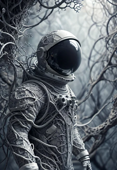 fractalvines, an astronaut made from grey fractal vines, space,