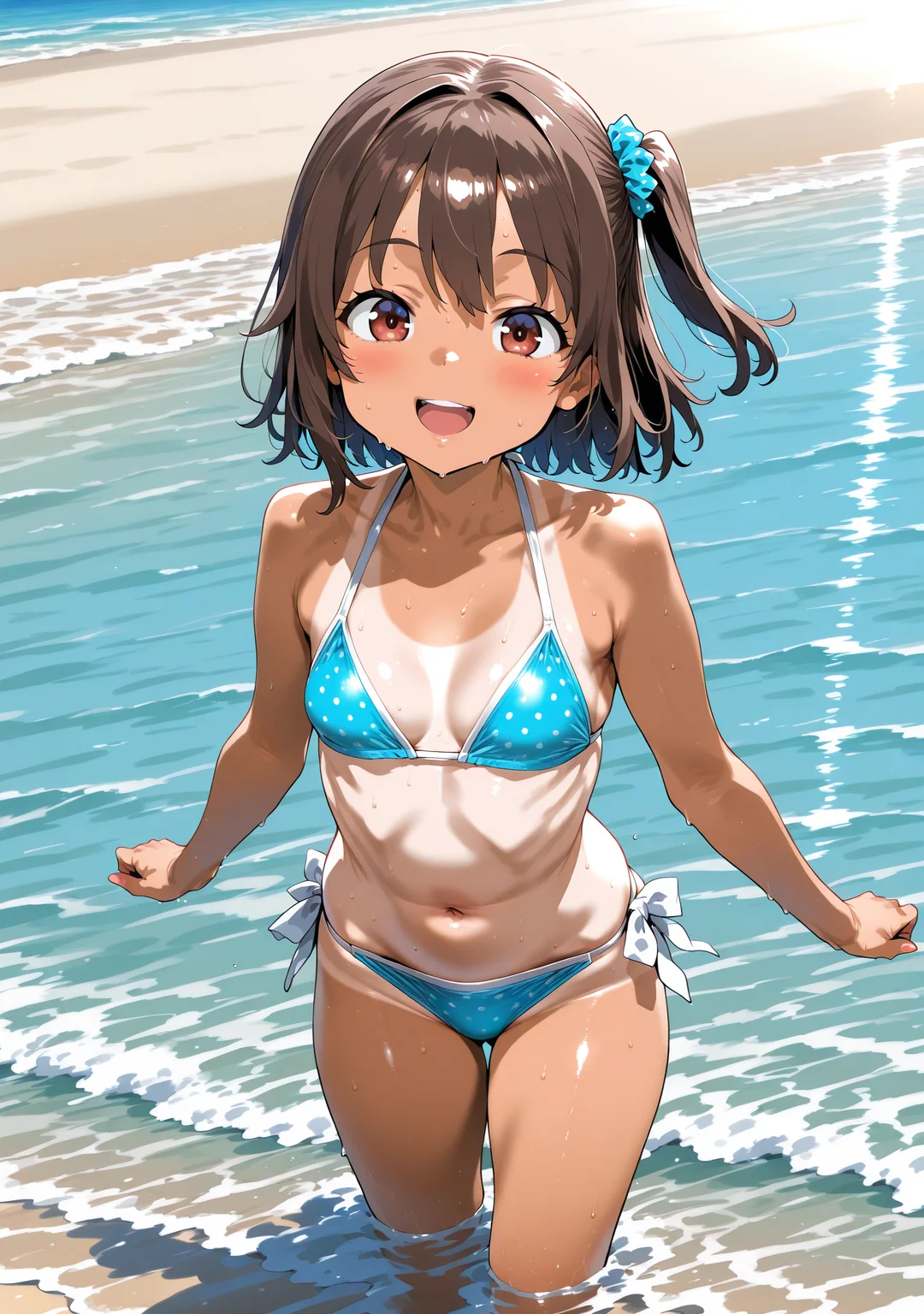 1girl,<lora:yksbdsty:1>,yksbdsty,looking at viewer,bikini,tan,beach,smile,wading,open mouth,