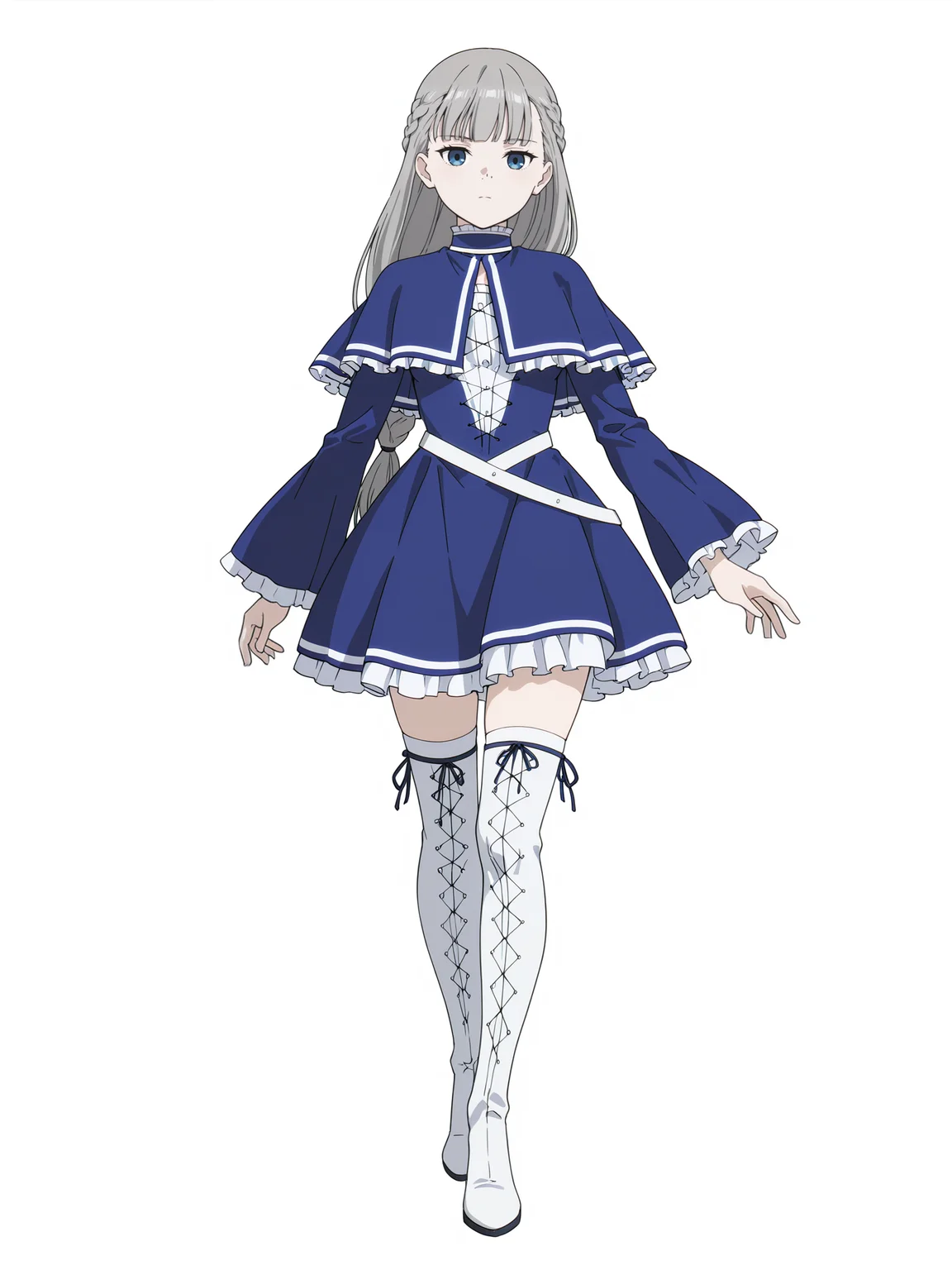 Lawine,Lawine,solo,thighhighs,boots,full body,dress,thigh boots,simple background,zettai ryouiki,capelet,blue dress,braid,white background,standing,frills,looking at viewer,white footwear,white thighhighs,