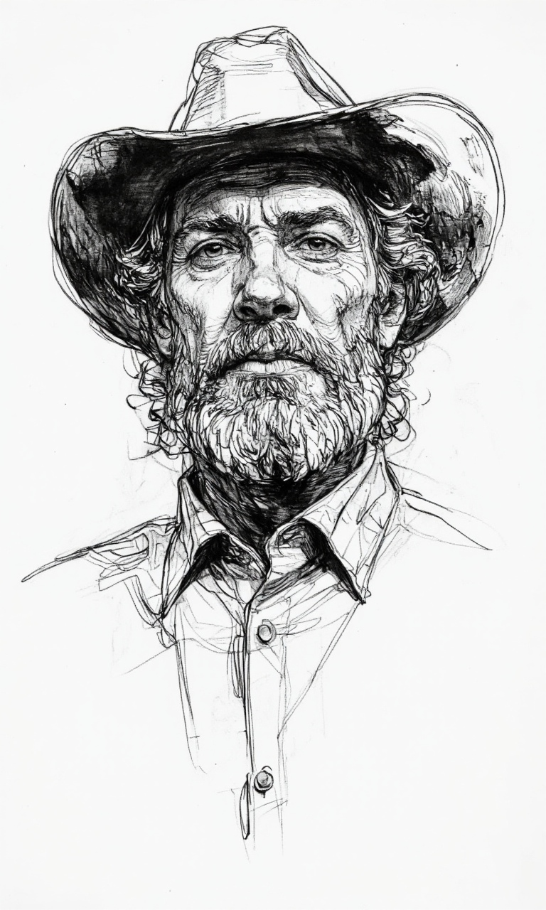 Art by Patrick Jones. Shading, Freehand Drawing, Loose Lines, Gestural, Outline. A black and white, hand-drawn portrait of an elderly man with a serious expression, wearing a cowboy hat and a shirt. the man, who appears to be in his late 60s or early 70s, has long, wavy, light-colored hair and a thick, well-groomed beard. he is facing the viewer and looking directly at them, with a slight frown on his face. his eyes are focused intently on the viewer, and his expression is serious. he has a full beard and mustache, and is wearing a western-style cowboy hat with a wide brim and a button-up shirt with a collar. the image is a detailed and realistic style, with intricate lines and shading that give it a realistic and lifelike appearance. the background is plain white, allowing the focus to be on the man's face and upper body.