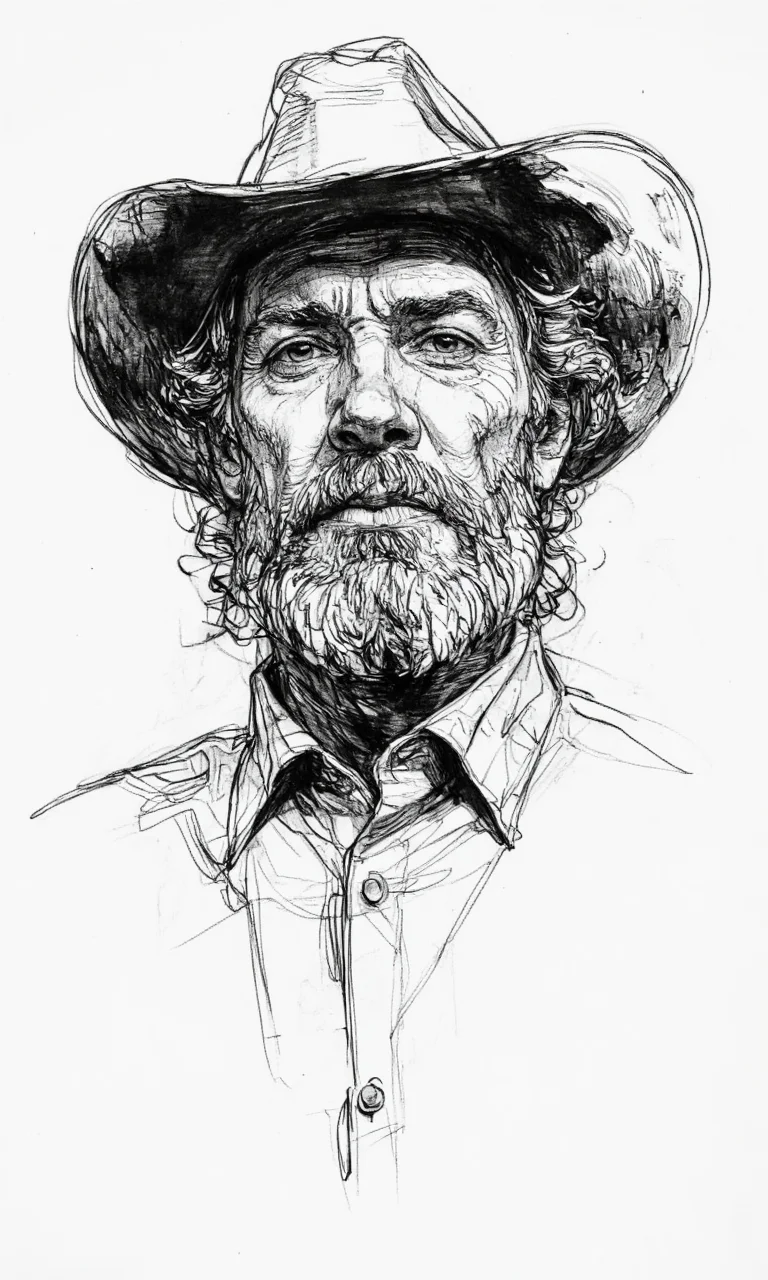 Art by Patrick Jones. Shading, Freehand Drawing, Loose Lines, Gestural, Outline. A black and white, hand-drawn portrait of an elderly man with a serious expression, wearing a cowboy hat and a shirt. the man, who appears to be in his late 60s or early 70s, has long, wavy, light-colored hair and a thick, well-groomed beard. he is facing the viewer and looking directly at them, with a slight frown on his face. his eyes are focused intently on the viewer, and his expression is serious. he has a full beard and mustache, and is wearing a western-style cowboy hat with a wide brim and a button-up shirt with a collar. the image is a detailed and realistic style, with intricate lines and shading that give it a realistic and lifelike appearance. the background is plain white, allowing the focus to be on the man's face and upper body.