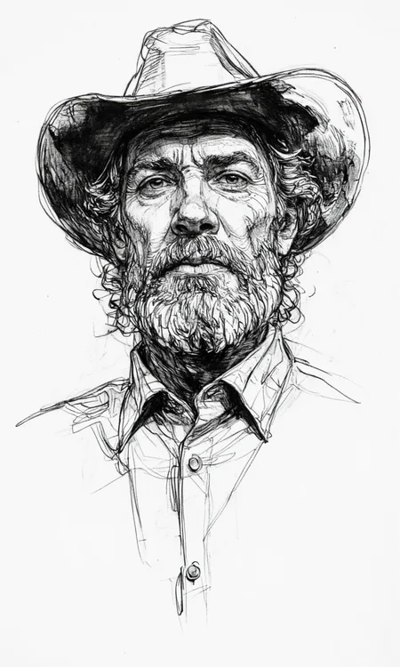 Art by Patrick Jones. Shading, Freehand Drawing, Loose Lines, Gestural, Outline. A black and white, hand-drawn portrait of an elderly man with a serious expression, wearing a cowboy hat and a shirt. the man, who appears to be in his late 60s or early 70s, has long, wavy, light-colored hair and a thick, well-groomed beard. he is facing the viewer and looking directly at them, with a slight frown on his face. his eyes are focused intently on the viewer, and his expression is serious. he has a full beard and mustache, and is wearing a western-style cowboy hat with a wide brim and a button-up shirt with a collar. the image is a detailed and realistic style, with intricate lines and shading that give it a realistic and lifelike appearance. the background is plain white, allowing the focus to be on the man's face and upper body.