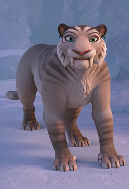 score_9, score_8_up, score_7, score_6_up, score_5,
snow and ice and forest walls in background, solo,
<lora:J_cartoon:0.6>
<lora:Furry_Lora_Shira_Ice_Age:0.6>
BREAK
(shira:1.2, saber-tooth tiger), fangs, green eyes, ice age, furry body, silver-grey fur with black stripes,
smiling at viewer