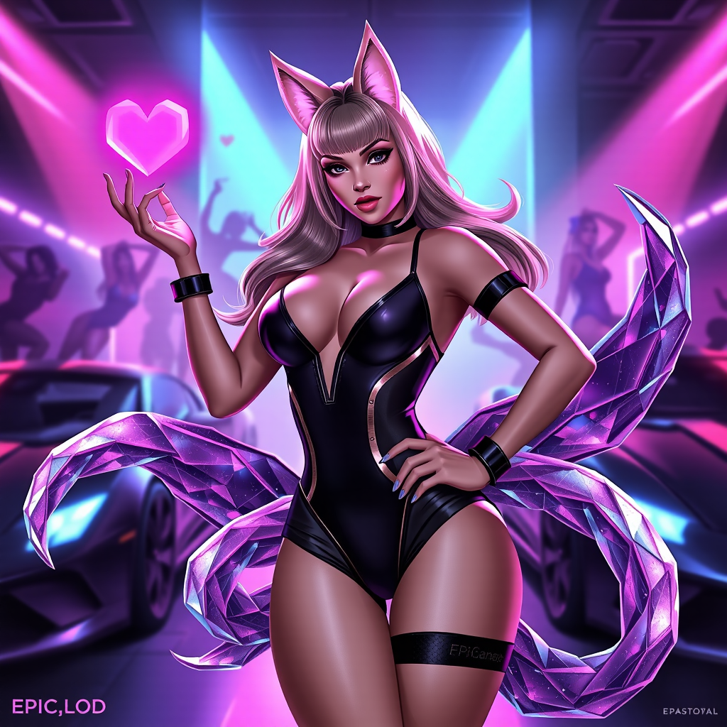 Epic_LOL, the woman at the center commands attention with her shimmering crystalline tails that twist and shine in shades of purple and blue under the vibrant neon lights. Her outfit, sleek and stylish, accentuates her figure, and her fox-like ears add a touch of otherworldly charm. With a glowing pink heart floating above her hand, she strikes a pose full of confidence and allure, as if she’s the star of a high-energy pop performance. The background is filled with blurred figures of dancers and sleek, futuristic cars, creating the vibe of an exclusive nightclub or music video set. Neon lights illuminate the space, reflecting off her luxurious outfit and amplifying the sense of style and power she exudes. The scene feels alive with motion and music, drawing you into its fast-paced, glamorous world.