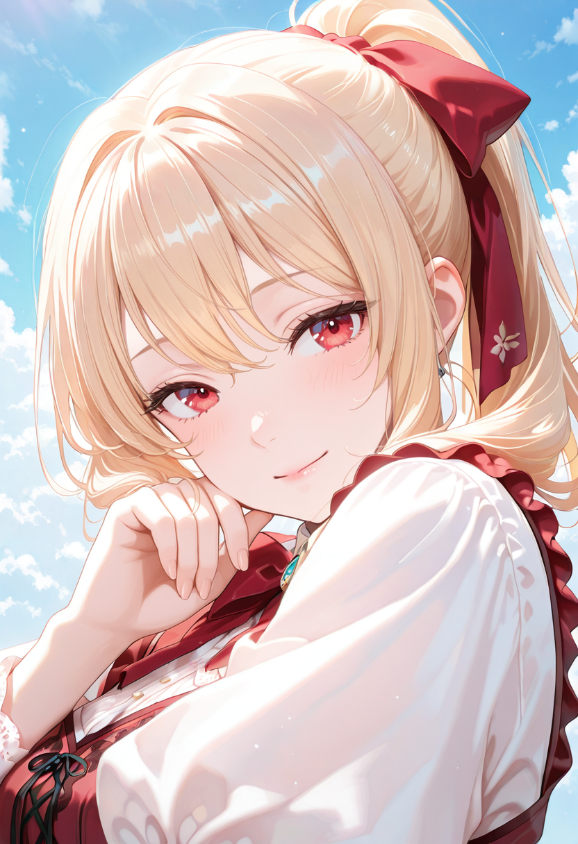 1girl, solo, lazypos, anime-style digital drawing, (close-up:1.5),
soft pastel colors, detailed and delicate, whimsical and dreamy, soft shading, detailed textures,
gentle and innocent expression, intricate and ornate, elegant and charming, 
anime girl, delicate and feminine, detailed lace, soft and gentle colors.
day, clouds, blue sky, from front,
<lora:kaelaIL:0.35> kaelaIL, blonde hair, ponytail, red eyes, smile,
<lora:TRT(Illust)0.1v:0.5>
<lora:PHM_style_IL_v3.3:0.5>
<lora:Victorian_Whim_Velvet_Dress:1> Victorian_Whim_Velvet_Dress, long dress, red dress, frills, red bow, red ribbon, floral print, cross-laced clothes 
<lora:v0101_shoulder_to_cheek:1> shoulder_to_cheek