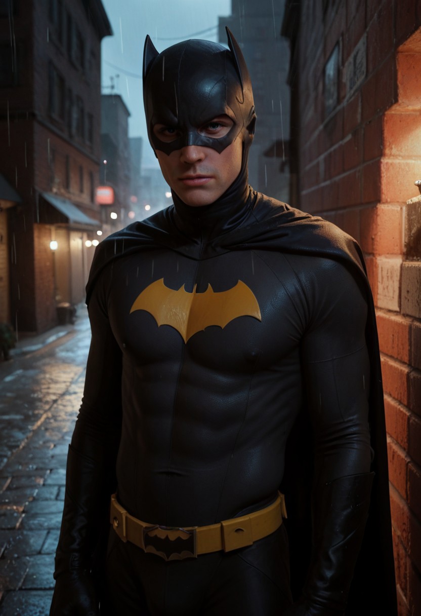 score_9, score_8_up, score_7_up, zPDXL3, three_quarter_view,1boy, Bat_Man, in a batman costume, looking at viewer, cinematic style, key visual, studio film, highly detailed, subsurface scattering, three quarters view, brick wall background, rooftop, urban alleyway, brickwall, night, raining, batman style