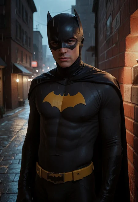 score_9, score_8_up, score_7_up, zPDXL3, three_quarter_view,1boy, Bat_Man, in a batman costume, looking at viewer, cinematic style, key visual, studio film, highly detailed, subsurface scattering, three quarters view, brick wall background, rooftop, urban alleyway, brickwall, night, raining, batman style