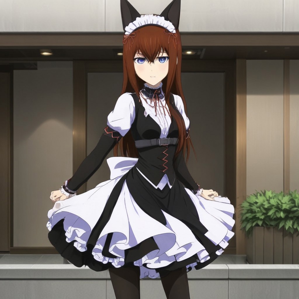 anime style , maid outfit , A cute and beautiful image of Makise Kurisu in maid outfit making a cat pose , ribbon , sexy legs , naughty pose
