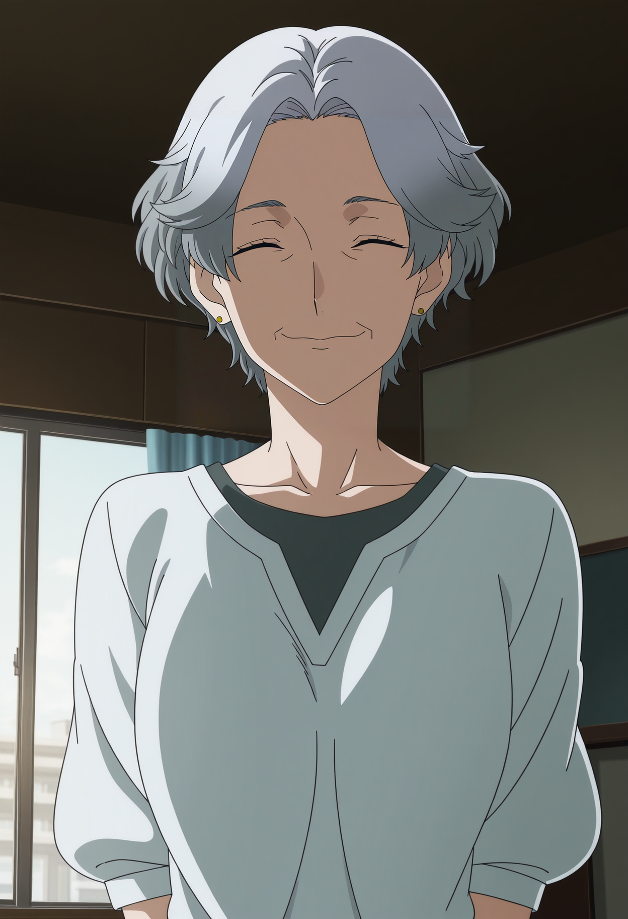 1girl,solo,mm,old woman,grey hair,short hair,closed eyes,anime coloring,
shirt,upper body, looking at viewer, smile,indoors
,masterpiece,best quality,amazing quality,<lora:Masako_Saeki-Blue_Period:0.8>