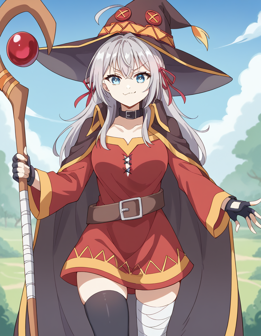 score_9, score_8_up, score_7_up, source_anime, alisamikhailovnakujou, <lora:alisa-mikhailovna-kujou-s1-ponyxl-lora-nochekaiser:1>, alisa mikhailovna kujou, long hair, bangs, blue eyes, hair ribbon, ahoge, grey hair, red ribbon, large breasts,, <lora:megumin-cosplay-ponyxl-lora-nochekaiser:1>, megumin cosplay, megumin (cosplay), thighhighs, gloves, hat, dress, black gloves, belt, black thighhighs, fingerless gloves, cape, collar, witch hat, bandages, red dress, single thighhigh, asymmetrical legwear, bandaged leg,, staff, holding staff, smug, outdoors, looking at viewer, cowboy shot,