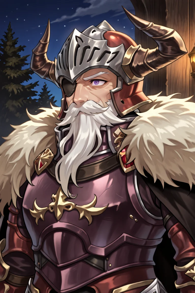 <lora:BaldusIL:0.8> , BldsDef, 1boy, one-eyed, purple eyes, white hair, beard, facial hair, mustache, eyepatch, horns, helmet, horned helmet, fake horns, armor, greaves, gauntlets, fur pauldrons, black cape, cape, old, old man, ((face, close-up, portrait)), night, exterior, solo, masterpiece, very aesthetic, absurdres, best quality, amazing quality, high resolution, detailed background,  <lora:illustrious_quality_modifiers_masterpieces_v1:0.8> , <lora:ChamIllustriousBackgroundEnhancer:0.5>