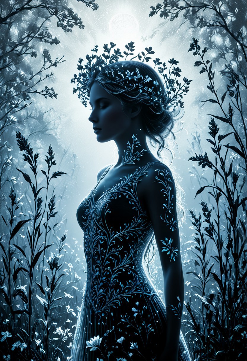 Midjourney, Midjourney style, realism, cinematic quality, Double exposure illustration of a goddess silhouette integrated with a spring field, goddess details blended into the backdrop, monochrome background in sharp focus, full color, crisp lines inspired by Jean Baptiste Monge, Thomas Kinkade, David Palumbo, Carne Griffiths, CG graphics, high quality, 8K Ultra HD, vivid colors, cinematic midjourneyv6.1