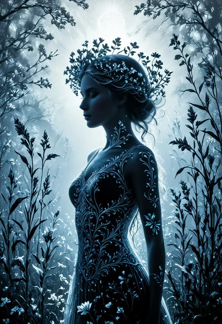 Midjourney, Midjourney style, realism, cinematic quality, Double exposure illustration of a goddess silhouette integrated with a spring field, goddess details blended into the backdrop, monochrome background in sharp focus, full color, crisp lines inspired by Jean Baptiste Monge, Thomas Kinkade, David Palumbo, Carne Griffiths, CG graphics, high quality, 8K Ultra HD, vivid colors, cinematic midjourneyv6.1