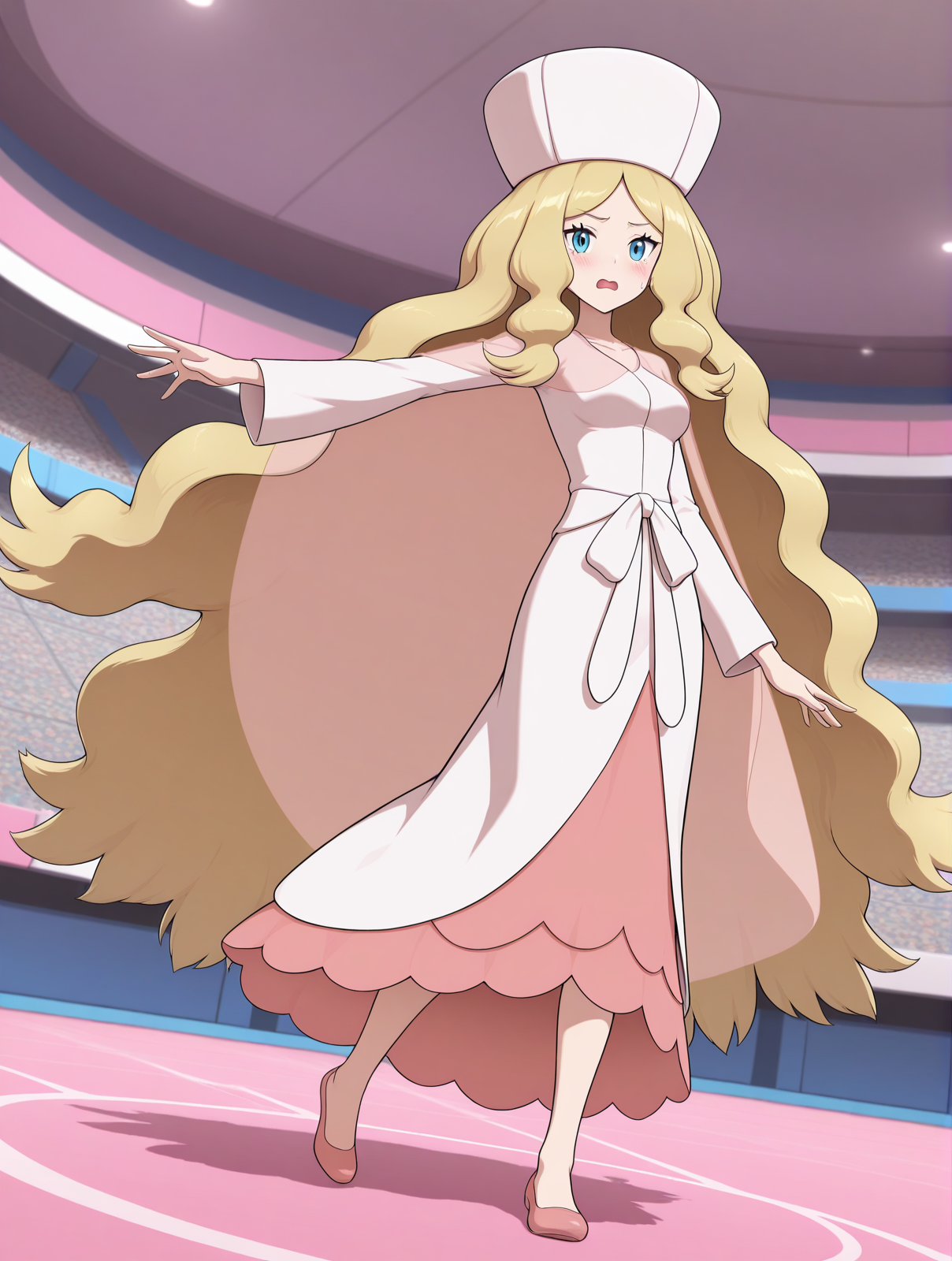 (white dress pink dress two-tone dress pink cape see-through cape pink hat flats:1.50), 
pk-caitlin, blonde hair, very long hair, blue eyes, 
medium breasts, 1girl, 
(masterpiece, highres, ultra-detailed,very aesthetic, best quality, absurdres, high quality, highres), 
flustered,
full body,
(feet:1.70), 
BREAK,
pokemon center,
,
(solo:0.60), (skinny:0.8),
(by himitsu_(hi_mi_tsu_2)),
pink hat
<lora:pk-caitlin-V01-illXL:0.70>