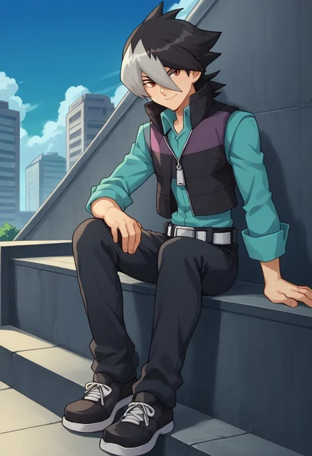 score_9, score_8_up, score_7_up, source_anime, highly detailed,
kaidou, 1boy, male focus, solo, red eyes, multicolored hair, two-tone hair, black hair, grey hair, bangs, hair between eyes, hair over one eye, shirt, blue shirt, vest, popped collar, zipper, belt, pants, black pants, shoes, smile,
outdoor, sky, sit, stairs, buildings