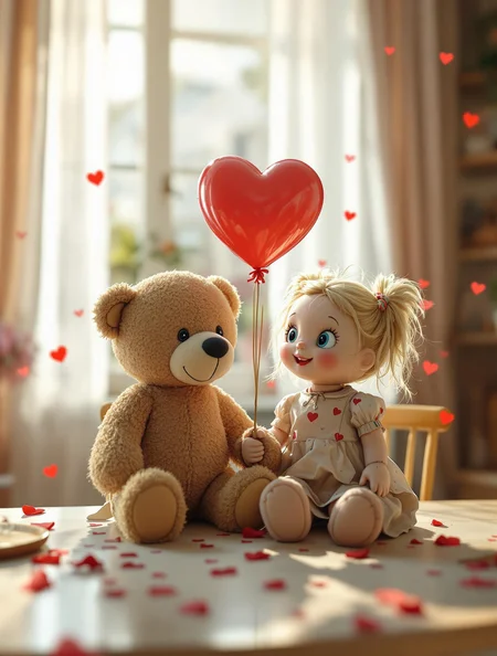 old shabby brown teddy bear without one ear, one paw clumsily sewn on with black threads and an old doll with peeling paint without one eye with a torn out tuft of hair in an old faded dress sit on a desk, Gently holding hands and holding heart-shaped balloons,
In the background is a neat children's room,
A bright sunny day, soft volumetric lighting, the sun shines brightly from behind the curtains,
volumetric lighting, precise ray tracing, soft natural lighting, a swirl of microscopic small red hearts hovers around,