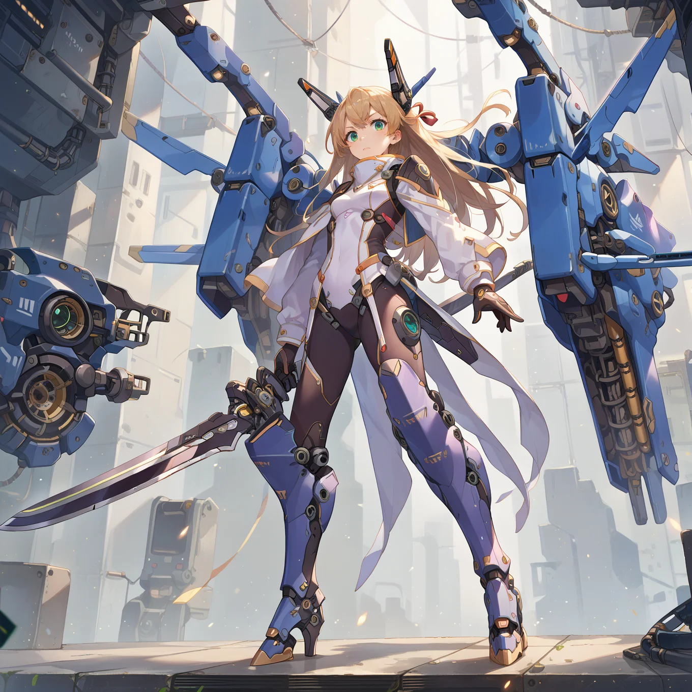 score_9, score_8_up, score_7_up,source_anime,
mechagirl02,
solo,mecha musume, 1girl, bodysuit,mechanical boots, mechanical parts, options,
light particles,engine, holding sword,
<lora:roboko-000015:0.7>