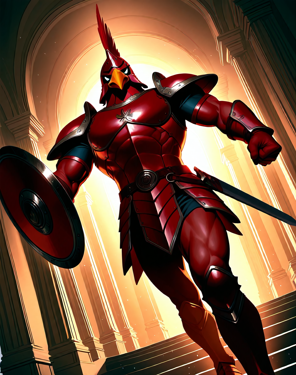 <lora:Fokka_(Zelda_2)_(Illustrious)_(AD):1> Fokka, birdmen, armor,
dutch angle, dynamic action, bent leg,
male focus, intense shadows, dynamic shadows and lighting, intricate details, attention to details, gradient coloring, interior, palace, beak, helmet, sword, shield, red armor, muscular, 
EZRealPONYXL, zPDXL, Smooth Quality, lazynsfw,