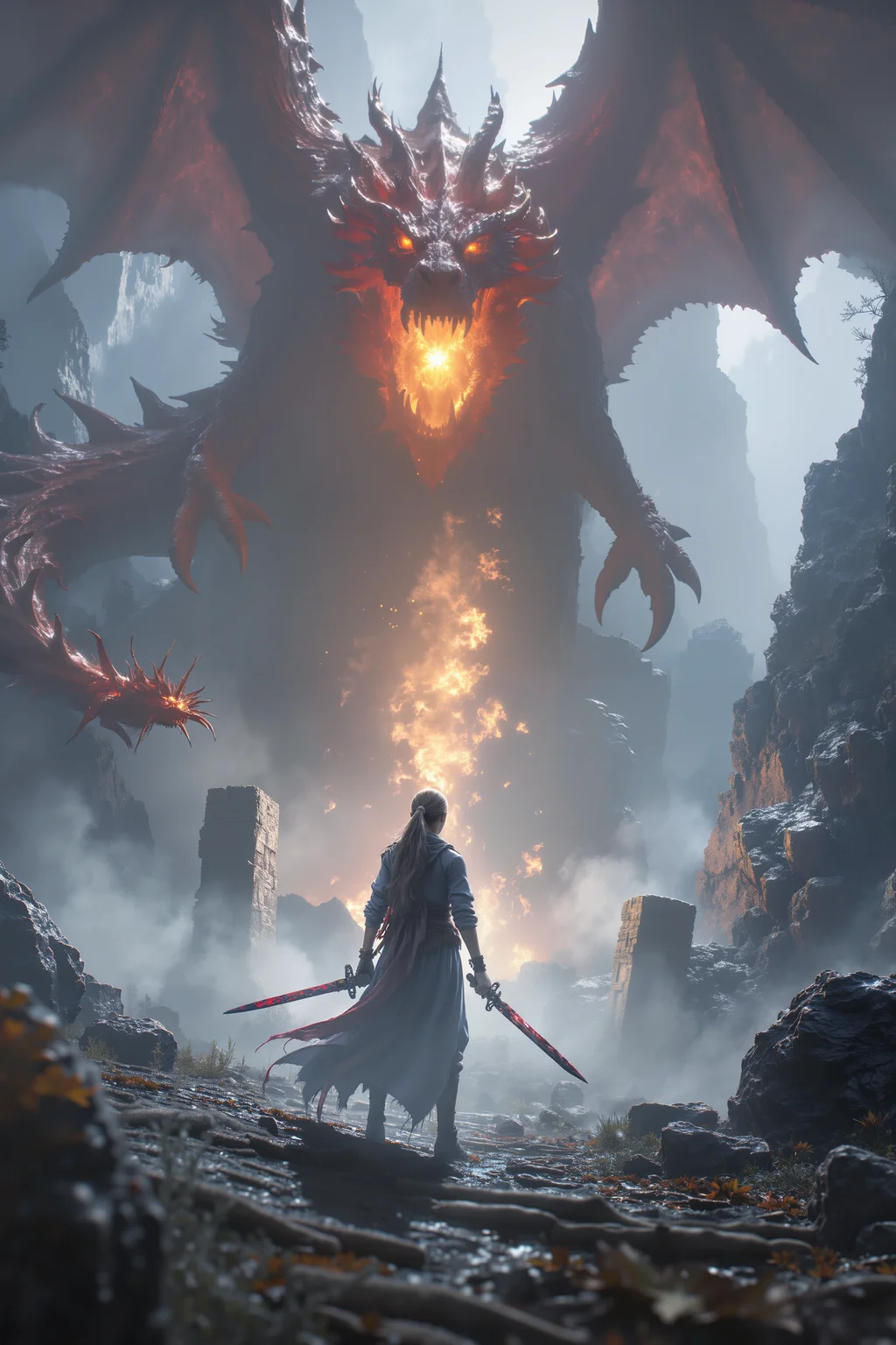 Amid the mist-covered peaks of a remote mountain range, a fearless warrior queen stands before a massive stone altar, her twin blades dripping with the blood of her enemies. The mist swirls around her, illuminated by the fiery glow of a massive, ancient dragon perched atop the altar, its wings spread wide as it prepares to take flight. The queen’s eyes, glowing with a fierce determination, lock onto the dragon’s shimmering scales, her heart racing as the beast lets out a deafening roar. The ground beneath her feet trembles, but she stands her ground, ready for the ultimate battle between woman and beast. The scene blends the primal intensity of Game of Thrones with the awe-inspiring fantasy of Dragon Age.<lora:black_fantasy_1.0>