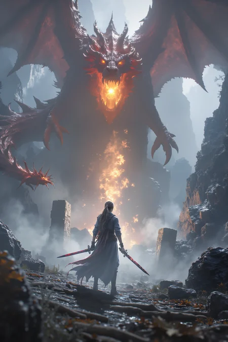 Amid the mist-covered peaks of a remote mountain range, a fearless warrior queen stands before a massive stone altar, her twin blades dripping with the blood of her enemies. The mist swirls around her, illuminated by the fiery glow of a massive, ancient dragon perched atop the altar, its wings spread wide as it prepares to take flight. The queenâs eyes, glowing with a fierce determination, lock onto the dragonâs shimmering scales, her heart racing as the beast lets out a deafening roar. The ground beneath her feet trembles, but she stands her ground, ready for the ultimate battle between woman and beast. The scene blends the primal intensity of Game of Thrones with the awe-inspiring fantasy of Dragon Age.<lora:black_fantasy_1.0>