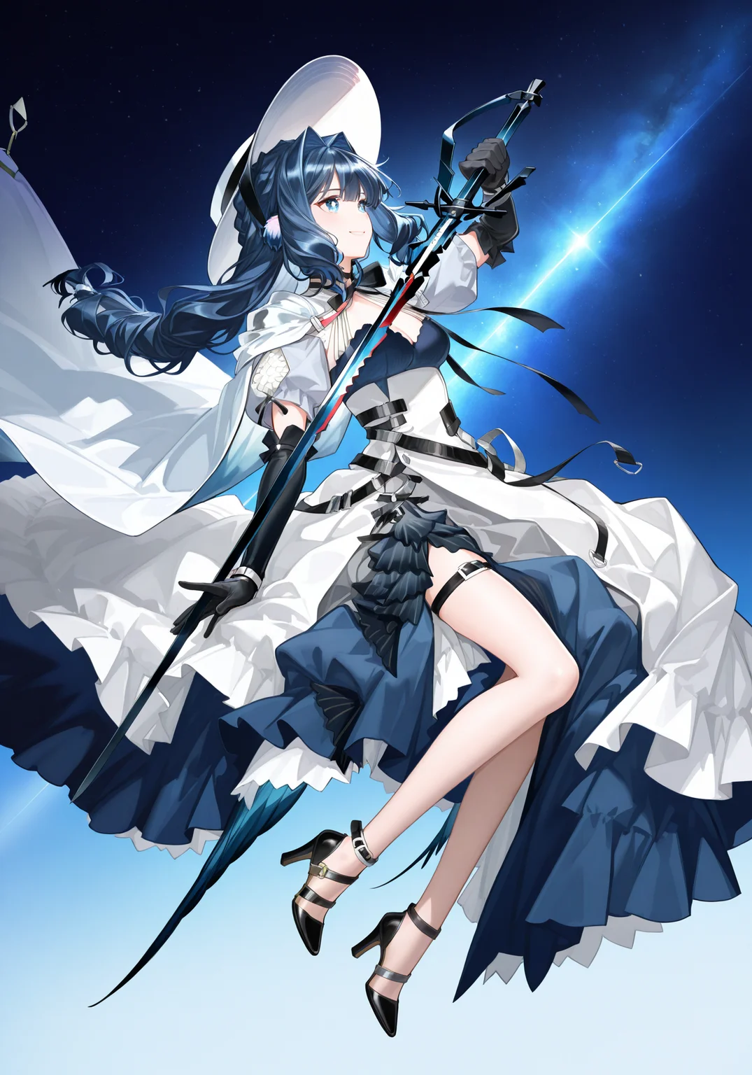arknightsgame,arkbg,masterpiece,best quality,amazing quality,very aesthetic,high resolution,ultra-detailed,absurdres,
1girl,solo,Astesia,blue eyes,white pupil,bird tail,long hair,blue hair,bird girl,medium breasts,
astesia_\(starseeker\)_\(arknights\),multicolored dress,black strappy heels,black elbow gloves,black neck ribbon,wrist straps,white headwear,white cape,
dynamic pose,holding sword,ss sword,smile,outdoors,blue background,universe,
<lora:AstesiaILREV1.0-000003:1>,arkbg,<lora:ArknightsGameStyleILV1:0.8>,