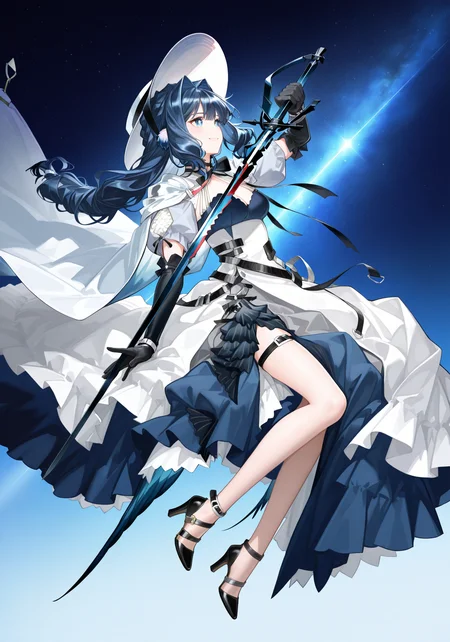 arknightsgame,arkbg,masterpiece,best quality,amazing quality,very aesthetic,high resolution,ultra-detailed,absurdres,
1girl,solo,Astesia,blue eyes,white pupil,bird tail,long hair,blue hair,bird girl,medium breasts,
astesia_\(starseeker\)_\(arknights\),multicolored dress,black strappy heels,black elbow gloves,black neck ribbon,wrist straps,white headwear,white cape,
dynamic pose,holding sword,ss sword,smile,outdoors,blue background,universe,
<lora:AstesiaILREV1.0-000003:1>,arkbg,<lora:ArknightsGameStyleILV1:0.8>,