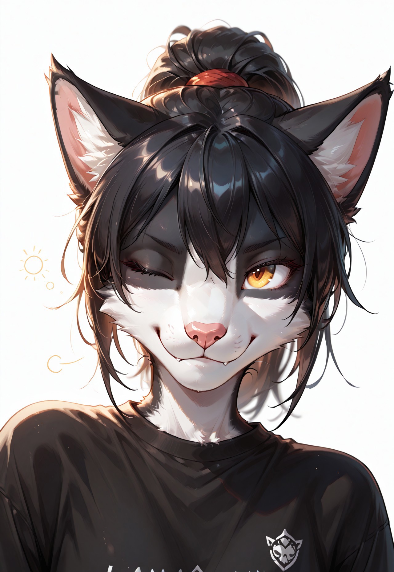 score_9, score_8_up, score_7_up, (solo), sfw, ITMStyle
BREAK 1girl, Ember (ESO), anthro, feline, black and white fur, black hair, slim, (casual wearing), eye closed, ponytail
BREAK portrait, face close up, dynamic angle, dynamic pose, smirk, extremely detailed, cinematic soft lighting, tranquil setting, simple background, sharp focus, extremely detailed, high detail
BREAK detailed eyes, detailed hair, depth of field, detailed fluffy fur, photorealistic details