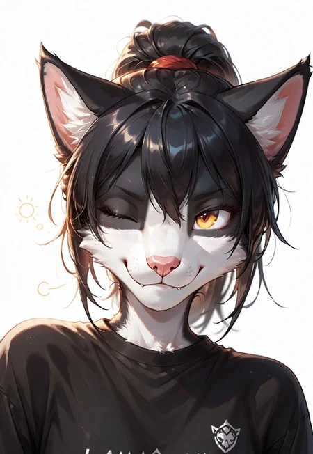 score_9, score_8_up, score_7_up, (solo), sfw, ITMStyle
BREAK 1girl, Ember (ESO), anthro, feline, black and white fur, black hair, slim, (casual wearing), eye closed, ponytail
BREAK portrait, face close up, dynamic angle, dynamic pose, smirk, extremely detailed, cinematic soft lighting, tranquil setting, simple background, sharp focus, extremely detailed, high detail
BREAK detailed eyes, detailed hair, depth of field, detailed fluffy fur, photorealistic details