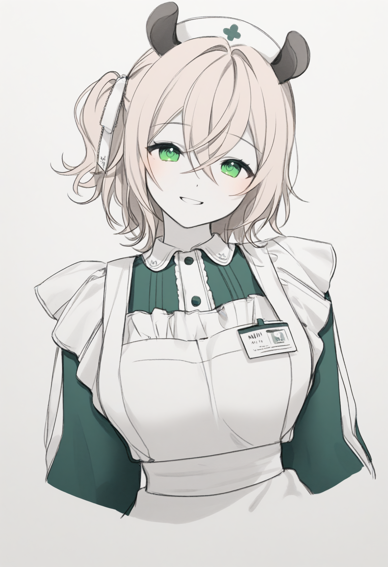 masterpiece, best quality, 1girl, solo, N1mi, green eyes, light brown hair, medium hair, crossed bangs, one side up, hair ribbon, white ribbon, animal ears, white hat, collared dress, green dress, long sleeves, frilled apron, id card, spot color, greyscale, monochrome, lineart, sketch, graphite \(medium\), traditional media, cropped torso, looking at viewer, smile, head tilt, three quarter view, <lora:ChamNimiNightmareNoob:1>