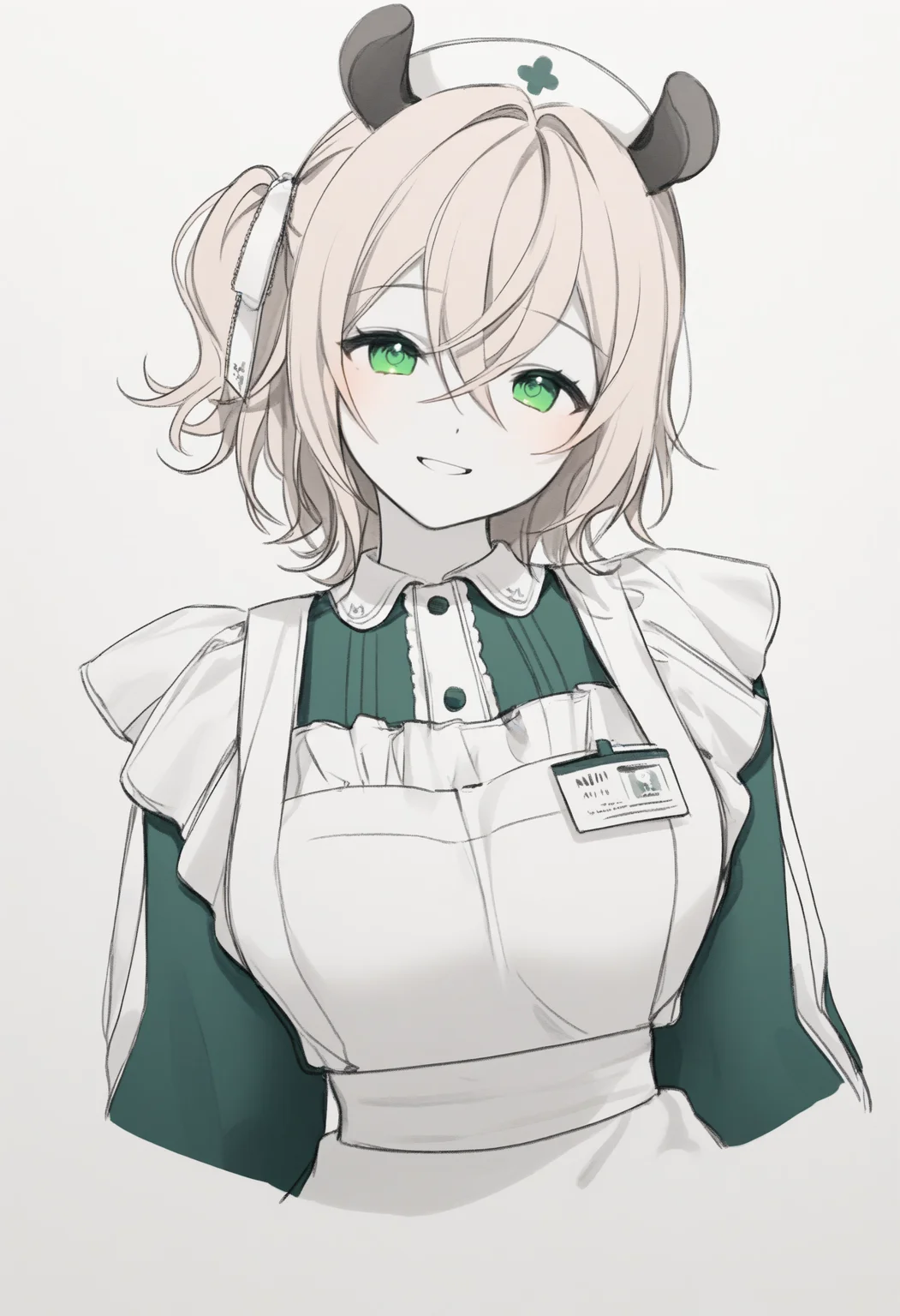 masterpiece, best quality, 1girl, solo, N1mi, green eyes, light brown hair, medium hair, crossed bangs, one side up, hair ribbon, white ribbon, animal ears, white hat, collared dress, green dress, long sleeves, frilled apron, id card, spot color, greyscale, monochrome, lineart, sketch, graphite \(medium\), traditional media, cropped torso, looking at viewer, smile, head tilt, three quarter view, <lora:ChamNimiNightmareNoob:1>