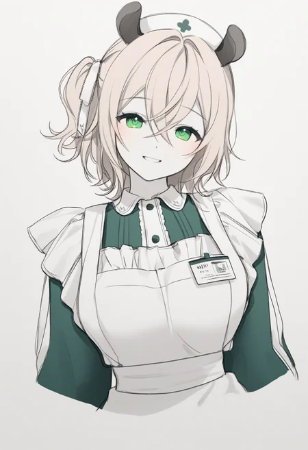 masterpiece, best quality, 1girl, solo, N1mi, green eyes, light brown hair, medium hair, crossed bangs, one side up, hair ribbon, white ribbon, animal ears, white hat, collared dress, green dress, long sleeves, frilled apron, id card, spot color, greyscale, monochrome, lineart, sketch, graphite \(medium\), traditional media, cropped torso, looking at viewer, smile, head tilt, three quarter view, <lora:ChamNimiNightmareNoob:1>
