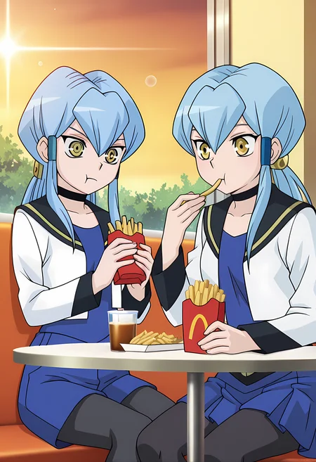 masterpiece,best quality,amazing quality,
2girls,
(1girl, Jillian & Sharlene (Cardfight Vanguard), jillian chen, long hair, blue hair, hair tubes, sidelocks, ponytail, choker, yellow eyes, sharp eyes, school uniform, jacket, long sleeves, blue skirt, black pantyhose),
(1girl, Jillian & Sharlene (Cardfight Vanguard), sharlene chen, long hair, blue hair, hair tubes, left sidelocks, ponytail, choker, yellow eyes, school uniform, jacket, long sleeves, blue shorts, black pantyhose),
BREAK
cinematic, upper body, eating french fries,
Sit, sitting, glass, cafe, greenery,
afternoon, sunset,
Lens flare, bloom,
Official style, anime screencap, anime coloring,