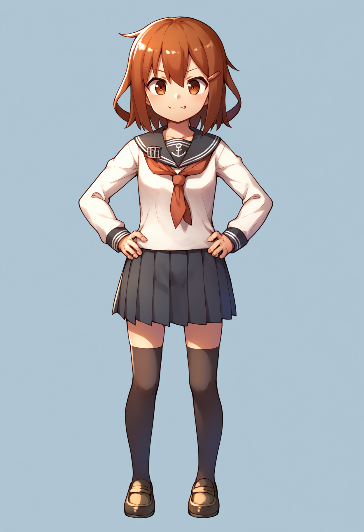 score_9, score_8_up, score_7_up, score_6_up, score_5_up, score_4_up, BREAK, source_anime,
1girl, ikazuchi \(kancolle\), brown hair, short hair, brown eyes, hairclip, fang,
anchor symbol, black sailor collar, long sleeves, neckerchief, school uniform, serafuku, pleated skirt, thighhighs, loafers,
hands on hips, smile,full body, solo, looking at viewer, simple background     <lora:IkazuchiXL:1>