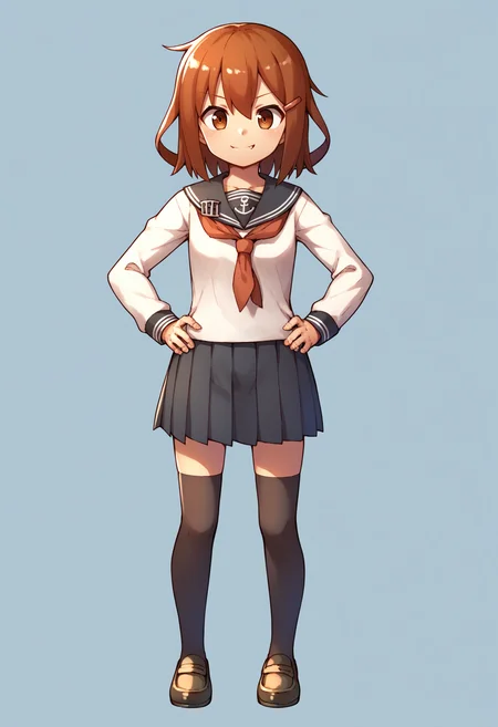 score_9, score_8_up, score_7_up, score_6_up, score_5_up, score_4_up, BREAK, source_anime,
1girl, ikazuchi \(kancolle\), brown hair, short hair, brown eyes, hairclip, fang,
anchor symbol, black sailor collar, long sleeves, neckerchief, school uniform, serafuku, pleated skirt, thighhighs, loafers,
hands on hips, smile,full body, solo, looking at viewer, simple background <lora:IkazuchiXL:1>