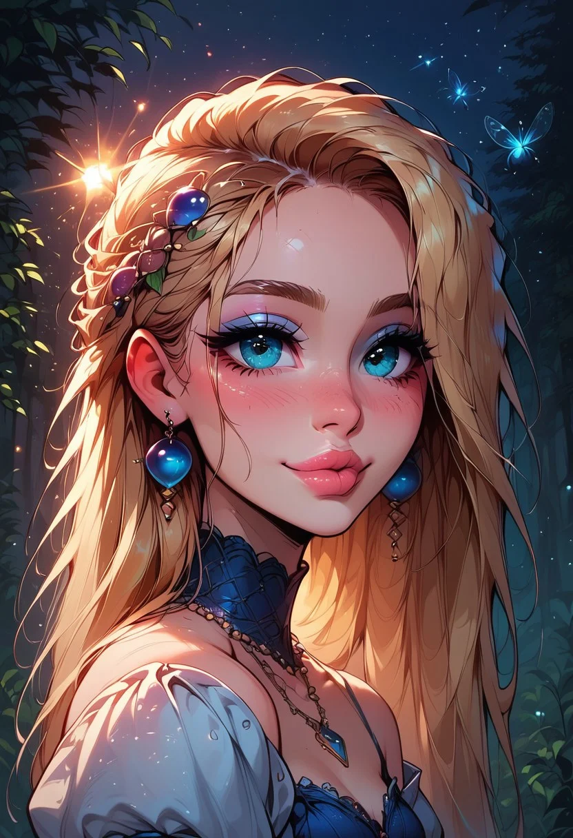 (1 girl), ((long hair blonde)), petite body, messy, (hair over face:1.33), ((beads in hair)), sapphire eyes, EyesHD, (slim body), (small breasts), (puckered lips:1.3), ((glistening skin)), (helix and lobe earrings:1.33), dark blue ruffled dress, (ivory sleeves:1.5), necklace, (bare shoulders), thick black belt with golden buckle, silver eyeshadow
BREAK
front angle, happy, blushing, smiling, shy
BREAK
(Ultra detailed, hyper detailed photography), 32k, score_9, score_8_up, score_7_up, (perfect skin), perfect picture, smooth lines, (high resolution), masterpiece, anime style, detailed face, detailed hair, ((medium shot))
BREAK
volumetric lighting, god rays, cinematic lighting, dynamic lights, dappled sunlight, side view, 
(outdoors), (fairytale forest), ((fireflies)), black night sky, bright starry sky