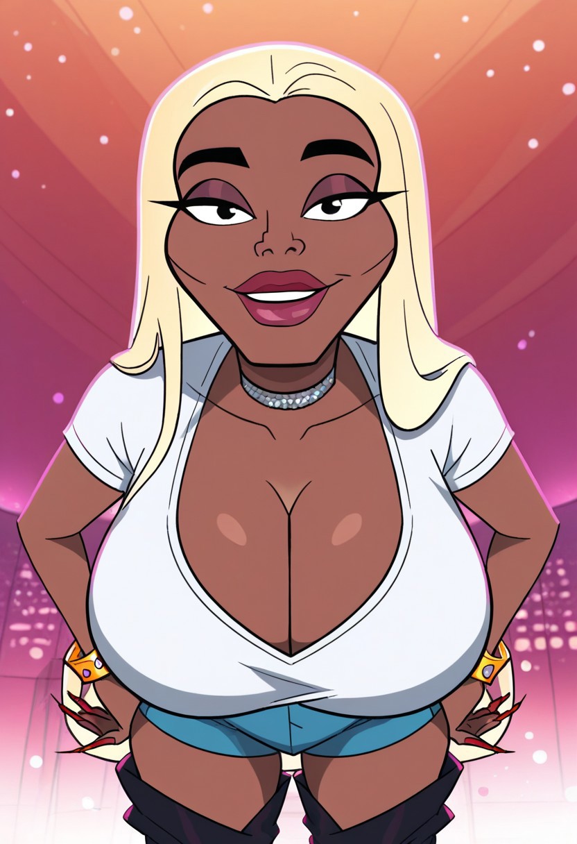 score_9, score_8_up, score_7_up,masterpiece,sole female,perfect face,perfect eyes,looking at viewer,show accurate ,1girl,solo,  Good Times style,red nails,blonde hair, fingernails, nail polish,makeup,  dark-skinned female, dark skin, hourglass figure,cheekbone
smile,open eyes,
front view,face focus,close upt,portrait,upper body only,face focus only
white shirt,crop top, thigh boots, cleavage, bracelet,
jewelry
huge breasts,round breasts,
hands on hips