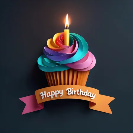 origami style, (happy birthday ribbon logo for happy birthday), "happy birthday" text, a muffin with a candle, iridescent colors, simple background. a mesmerizing blend of light and shadow. masterpiece, absurdres, intricate details <lora:RibbonLogo_XL-E10R16:1>, paper art, pleated paper, folded, origami art, pleats, cut and fold, centered composition