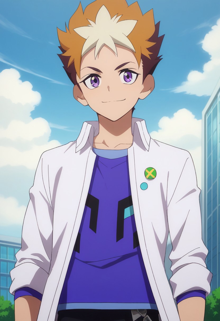 score_9, score_8_up, score_7_up, source_anime, highly detailed, 
subaru, 1boy, male focus, solo, shirt, purple eyes, smile, pants, brown hair, open clothes, multicolored hair, black pants, blue shirt, orange hair, two-tone hair, spiked hair, purple shirt, collared shirt, long sleeves, short hair,  sleeves rolled up, standing, upper body,
outdoor, sky, building, clouds,