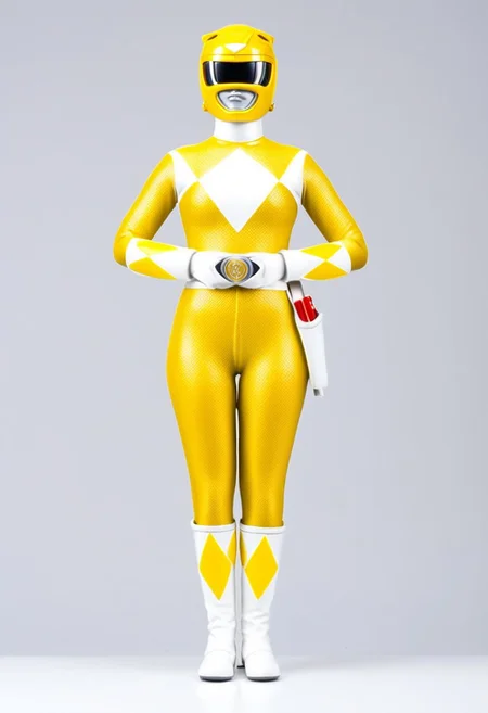 figurine, figurine, figurine of bald female yellow-power-ranger, alone, morphed, helmet, yellow catsuit, white gloves belt boots holster, standing square-on, plain grey studio background, arms down by sides, full body photo, hyperdetailed photography