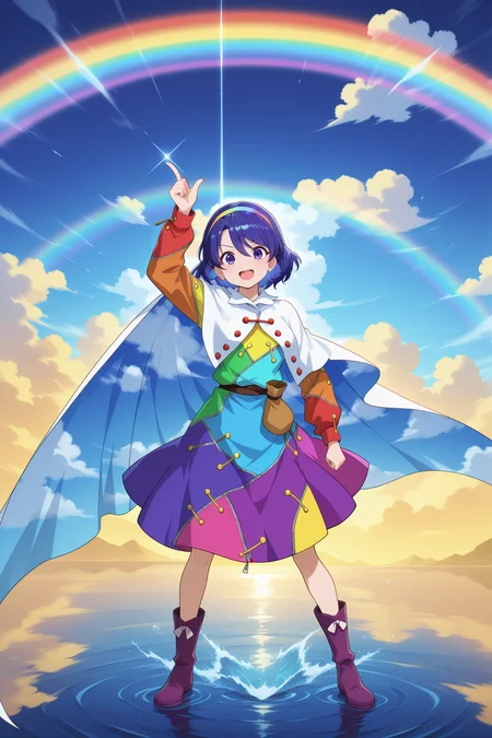 absurdres, highres, masterpiece, best quality, amazing quality, official anime artwork, screencap, anime screencap, outdoors, looking at viewer, dynamic pose, standing,
 <lora:Chimata-Tenkyuu_Illustrious:1> tenkyuu chimata, 1girl, solo, purple eyes, blue hair, shot hair,, multicolored hairband, multicolored dress, long sleeves, white cape, purple boots,
pointing up, pointing down, rainbow, cloud, water, open mouth, smile, light particle,
