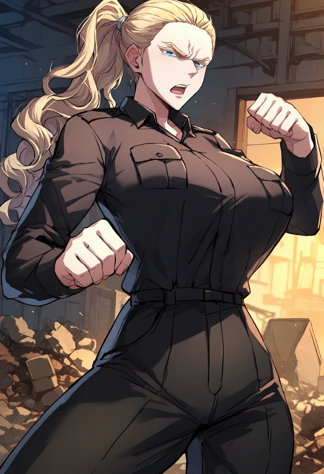 score_9, score_8_up, score_7_up, score_6_up, source_anime, rating_explicit, 1girl, solo, huge breasts, <lora:Alice prefectPonyxl:0.9> blonde hair, blue eyes, long hair, wavy hair, colored eyelashes, ponytail, hair slicked back, military uniform, black jacket, long sleeves, breast pocket, black pants, serious, open mouth, construction site, indoors, looking at viewer, close-up, clenched hand, (fighting stance:1.1), spread arms, spread legs, standing