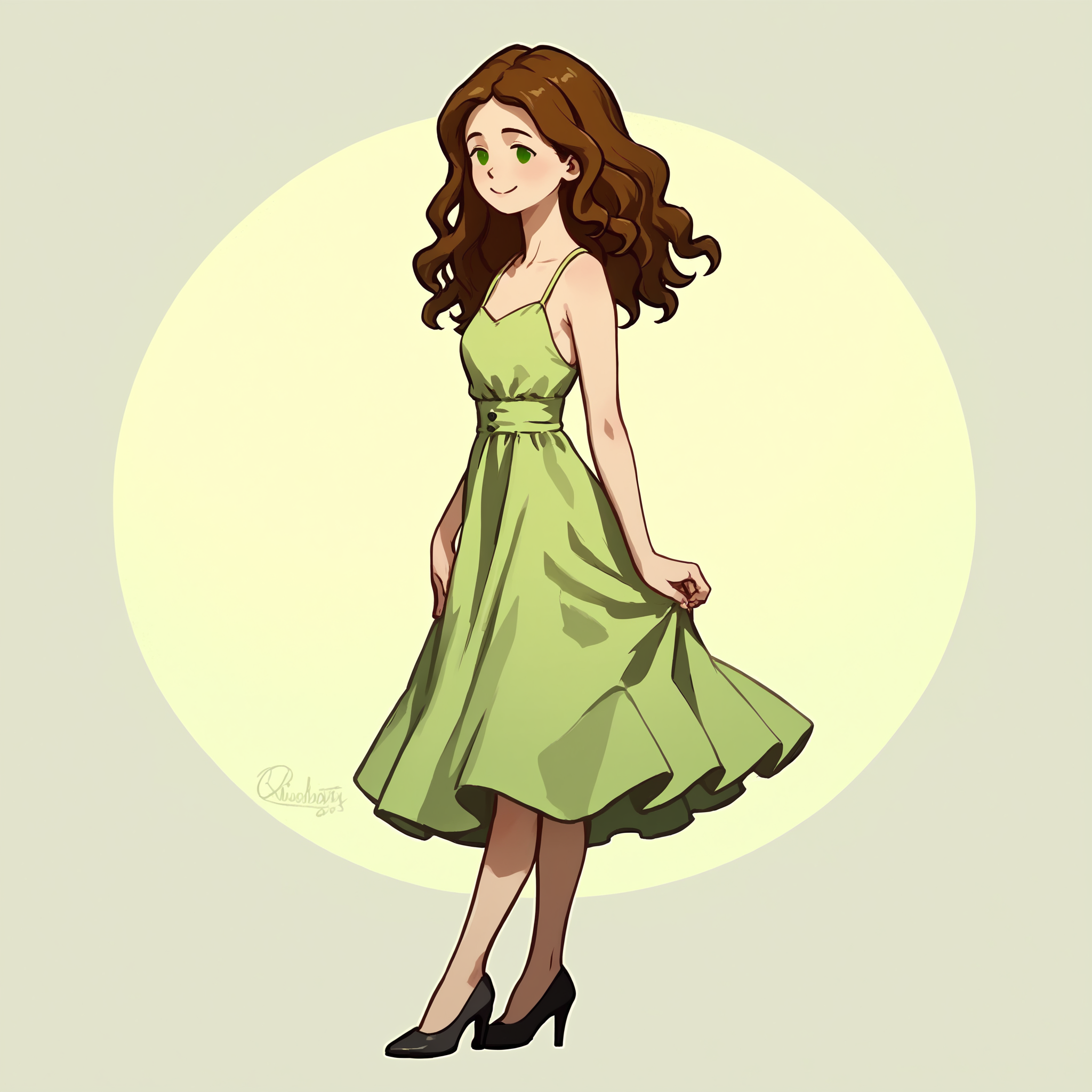 score_9, score_8_up, score_7_up, score_6_up, score_5_up, 1girl, solo, full body,
(source_cartoon),
<lora:Abigail (Storybooth):0.85>
Abigail_Storybooth, wavy hair, brown hair, green eyes, dot eyes,
dress, high heels,
detailed background,
<lora:Expressive_H:0.7> Expressiveh,
<lora:add-detail-xl:0.9>
<lora:light:1> neolight