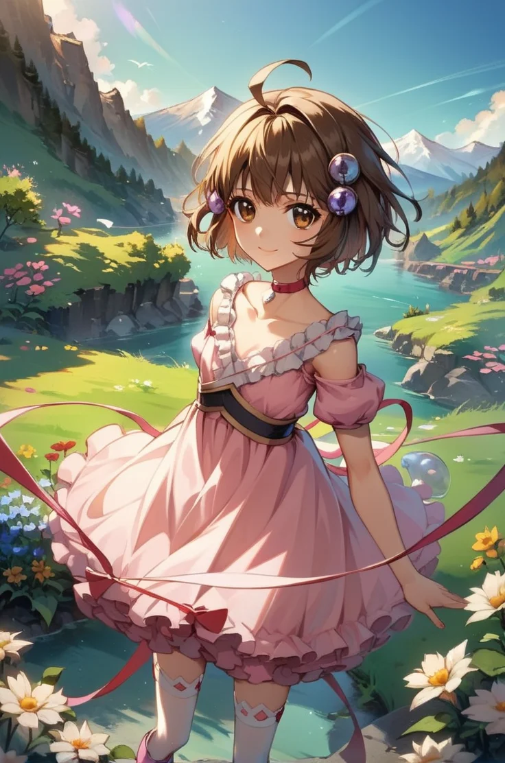 score_9, score_8_up, score_7_up, very aesthetic, source_anime, detailed, high quality, beautiful, masterpiece, detailed eyes,
<lora:lightXL:0.8>
mountain, dawn, tree, flowers,
cowboy shot, close up, dynamic angle
flat chest, light smile, dynamic pose, looking away,
<lora:reala_autismConfetti_v01:0.99>
reala \(tales\), 1girl, brown hair, hair ornament, brown eyes, ahoge, short hair,
choker, pink dress, frills, ribbon, collarbone, white thigh highs, pink footwear, zettai ryouiki,, zPDXL