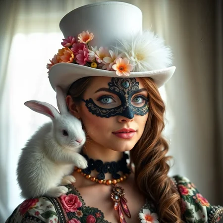 The image shows a woman wearing a white top hat decorated with bright flowers and a fluffy white rabbit, as well as a detailed, ornate black eye mask and a floral Eastern European folk costume. The overall aesthetic is whimsical and fantastical. photorealistic portrait, soft white window light