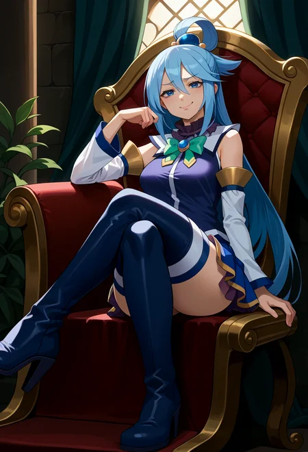 score_9, score_7_up, source_anime, solo, BREAK <lora:AEAqua:1> AEAquadef, blue eyes, blue hair, single hair ring, hair ornament, green bow, blue shirt, sleeveless, detached sleeves, White sleeves, blue skirt, miniskirt, White thighhighs, thighhighs under boots, zettai ryouiki, blue thigh boots, high heel boots, high heles, sitting, black_room, white throne, crossed legs, arm rest, smug, spotlight,