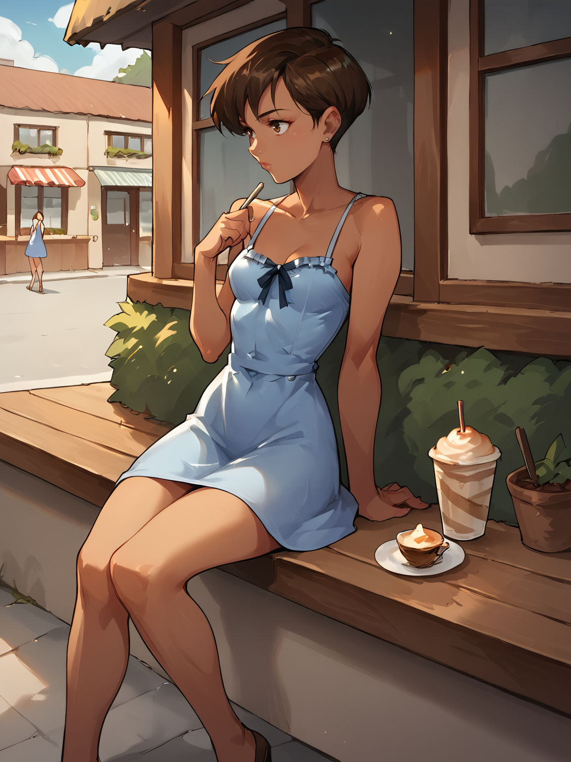 score_9, score_8_up, score_7_up, score_6_up, score_5_up, score_4_up, source_anime BREAK
<lora:Sylvia2:0.9>, brown skin, small breasts, blue sundress, cafe, busy urban street, sitting, looking away,