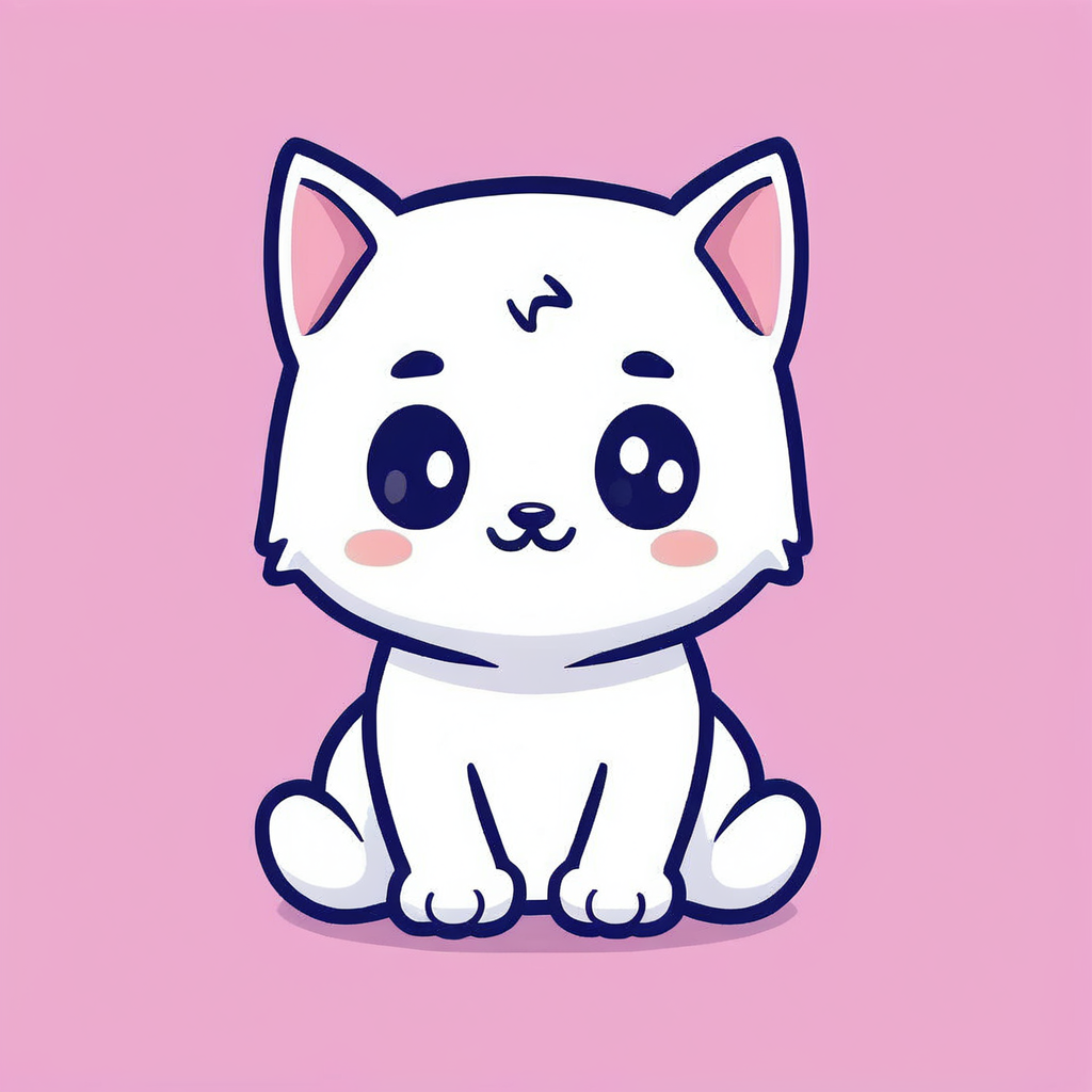 cute white kitten cartoon, soft pink background, flat, clipart, illustration