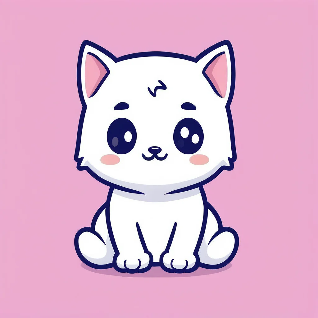 cute white kitten cartoon, soft pink background, flat, clipart, illustration